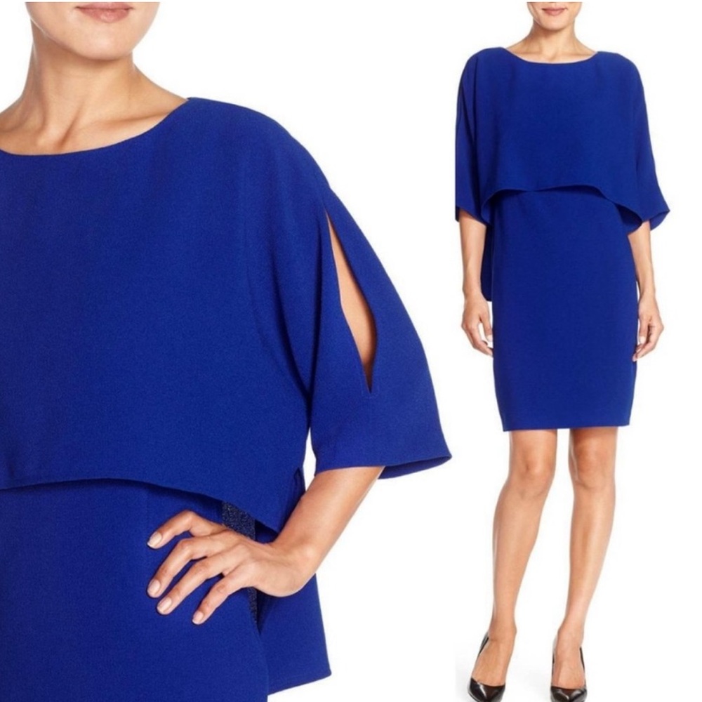 NWT Adriana Papell Draped Popover Sheath Dress Navy Blue
